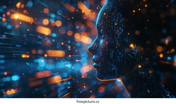 Blue and orange glowing female cyborg head