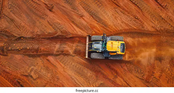 A bulldozer is working on a large-scale earthmoving project.