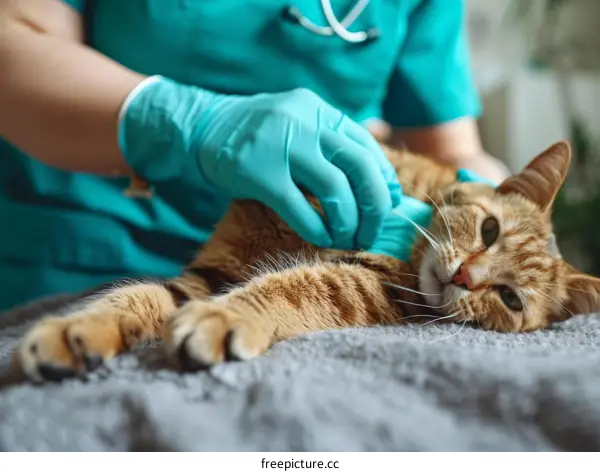 Close-up Of A Veterinarian Examining A Ginger Cat