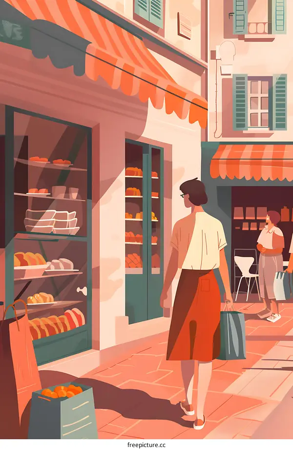 Woman Walking Past Bakery in European City