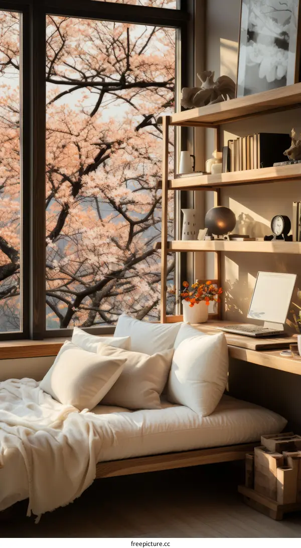 A contemporary tatami room with a view of cherry blossoms