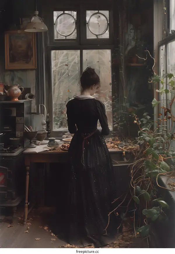 A woman in a black dress is standing in a room with a large window.
