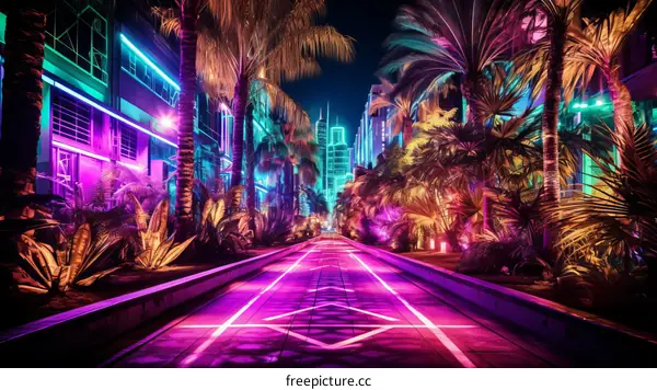 A path through a city at night with palm trees and neon lights