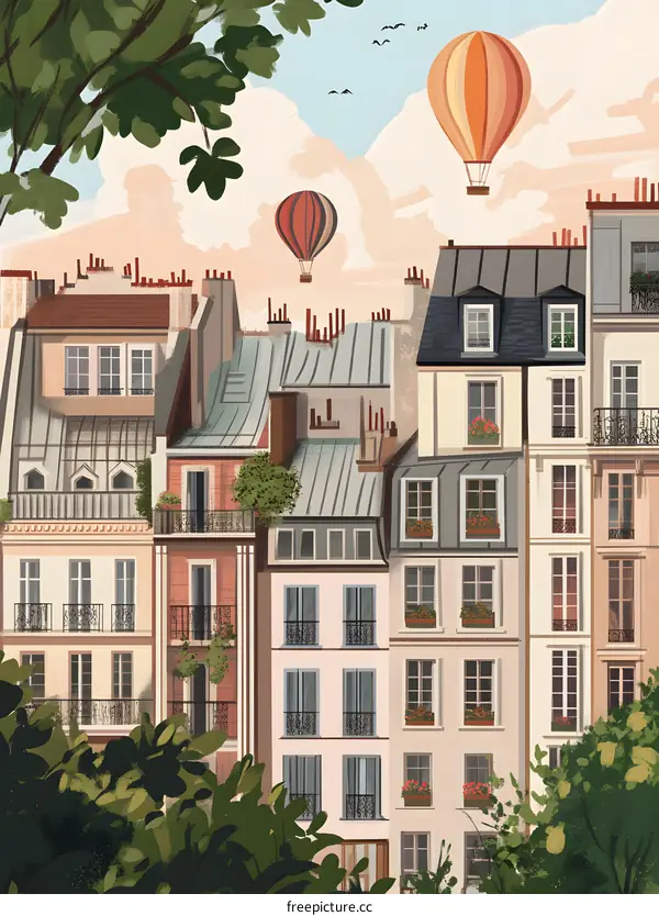 Parisian Cityscape with Hot Air Balloons