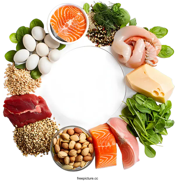 [Transparent Background PNG]Healthy Food Circle: Salmon, Eggs, Chicken, Cheese, Quinoa, Almonds, Beef, Spinach