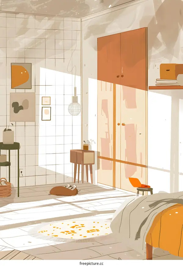 Minimalist Bedroom with Wooden Floor and Sunlight