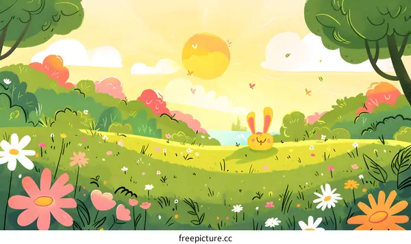 Cute Cartoon Rabbit Sitting In Meadow With Flowers