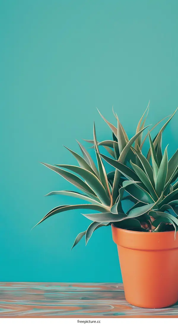 Green Plant in Pot Against Turquoise Wall