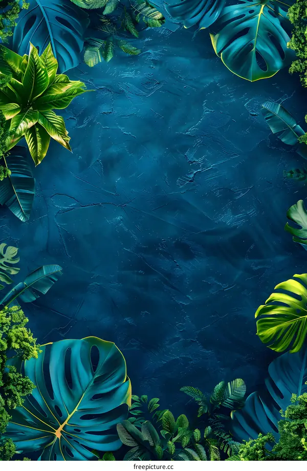 Tropical Leaves Frame on Blue Background