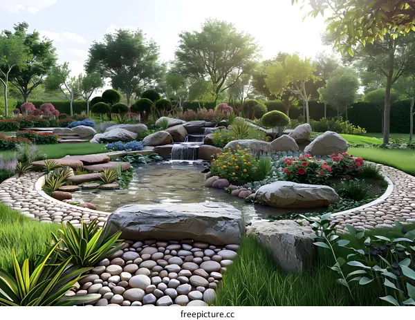 Pebble path in a Zen garden with a waterfall and colorful flowers