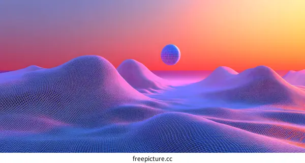 Abstract Wireframe 3D Render of a Landscape with a Sphere in the Sky