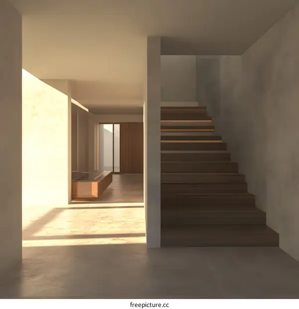 Modern Minimalist Interior Design with Wooden Staircase and Sunlit Hallway