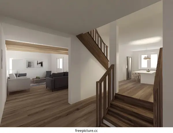 Modern Minimalist Interior Design with Wooden Stairs and White Walls