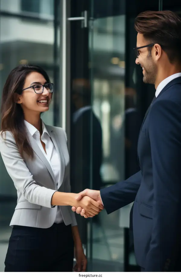 Business handshake between a man and a woman in suits