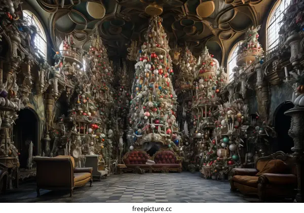 Christmas trees in a grand hall