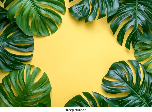 Tropical Monstera Leaves On Yellow Background
