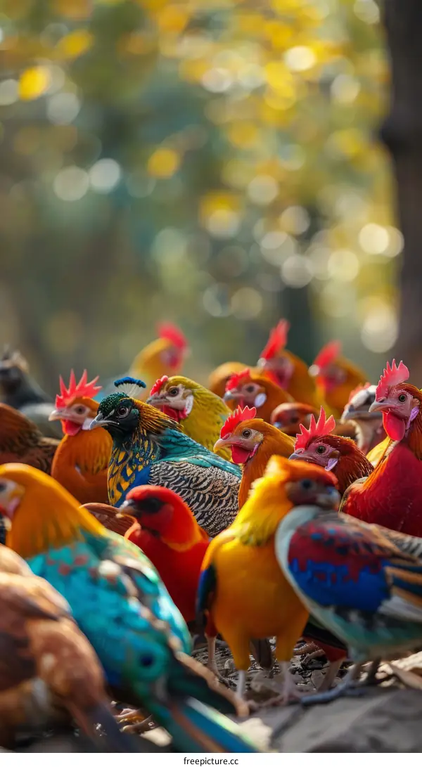 A group of colorful birds of various species gathered together in a forest
