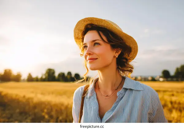Woman in Straw Hat at Sunset Meadow