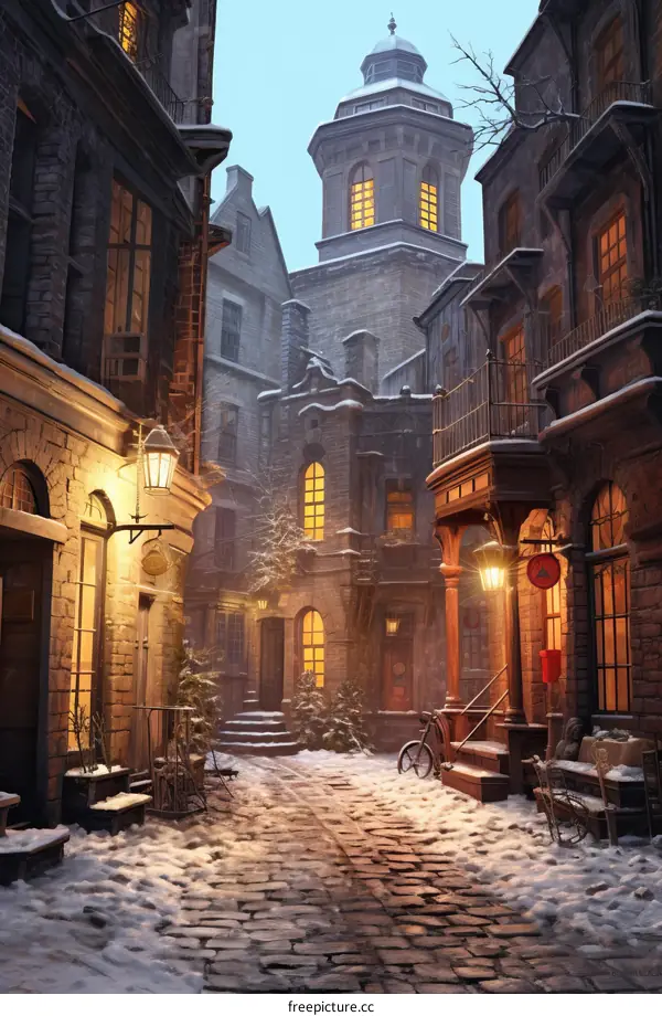A snowy street in a European city with a tall tower in the background