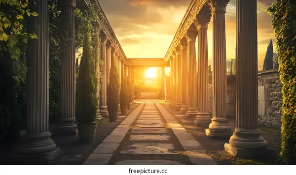 Stone Columns and Walkway With Sunset in the Background