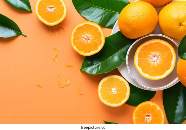 Fresh Oranges with Green Leaves on Orange Background