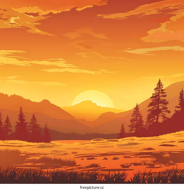 Orange Sunset Mountain Landscape Illustration
