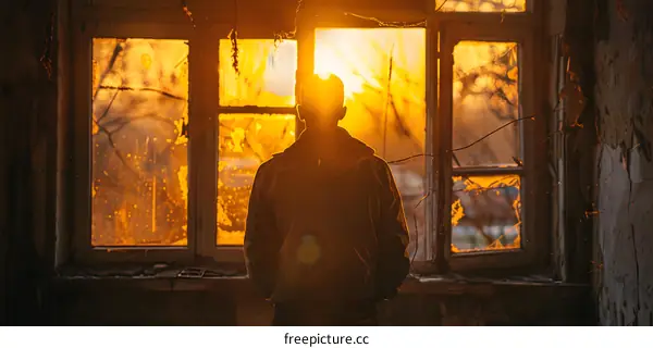 Silhouette of a Man Standing in a Window of an Old Building with a Sunset View