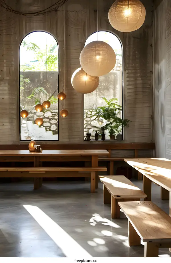 Modern Restaurant Interior Design With Wooden Benches and Natural Lighting