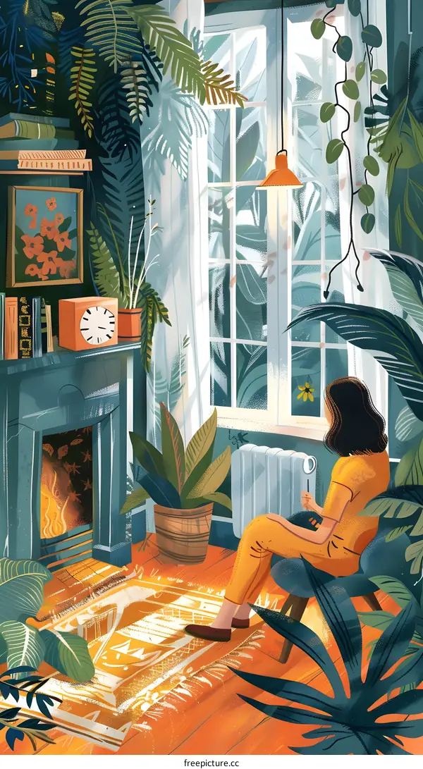A woman is sitting in a chair in a room full of plants.