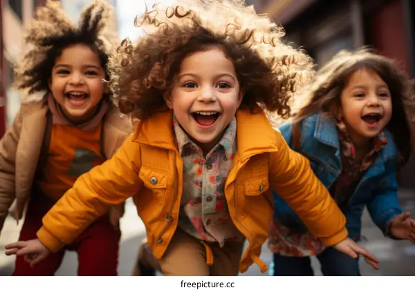 Three happy children running down the street