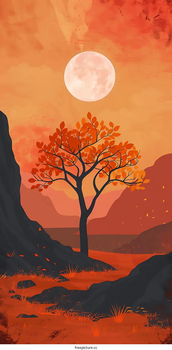 Autumn Landscape with a Full Moon and a Tree