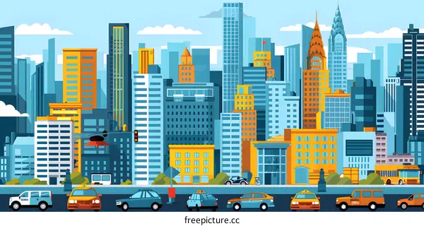 Cityscape Illustration with Tall Buildings and Cars