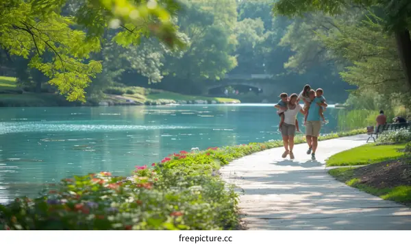 Family walking on a park trail by a river on a sunny day
