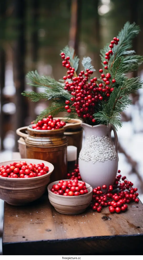 Vibrant Red Berries and Pine Sprigs in Vase and Bowls Arranged on Wooden Table