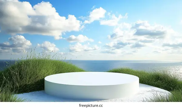 Empty White Circle Platform on a Hilltop Overlooking the Ocean
