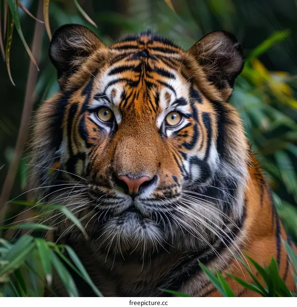 A fierce tiger stares at the camera through the bamboo