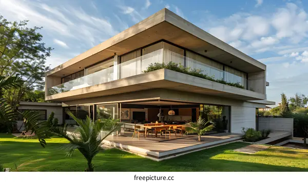 Modern Concrete House With Large Windows and Green Lawn