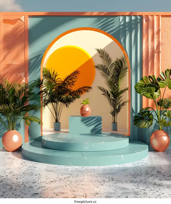 Minimalist Summer Background with Palm Trees and Turquoise Podium