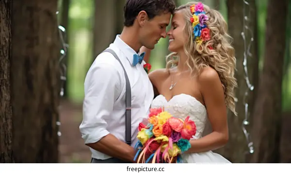 Happy Couple in Colorful Wedding Attire in the Woods