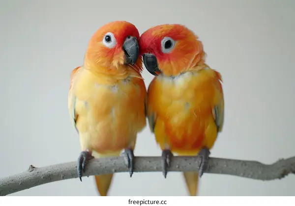 Two Sun Conures Perched on a Branch