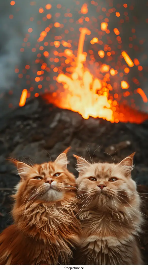 Two ginger cats are sitting in front of a volcanic eruption