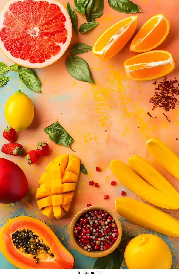 Tropical Fruit and Spices Flat Lay with Orange, Mango, Papaya and Basil