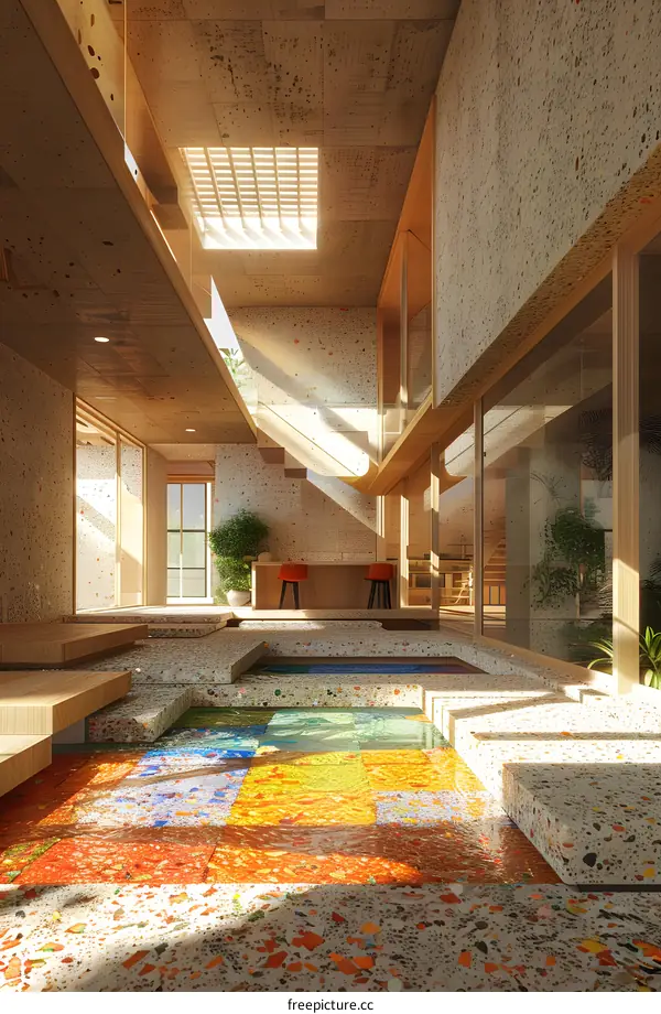 Terrazzo floor and walls in the interior of a modern house