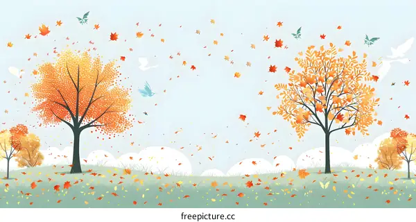 Autumn Landscape with Falling Leaves and Birds