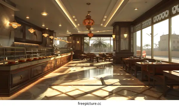 The interior of a restaurant with a Middle Eastern theme