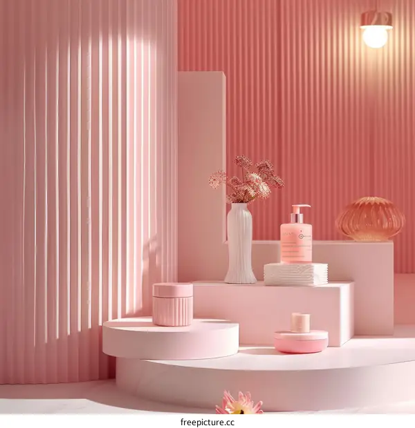 Pink and White Cosmetic Stage Background with Flowers