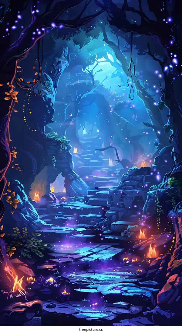 Fantasy Forest Path with Glowing Lights