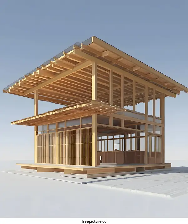 Wooden House with Open Floor Plan and Wide Deck
