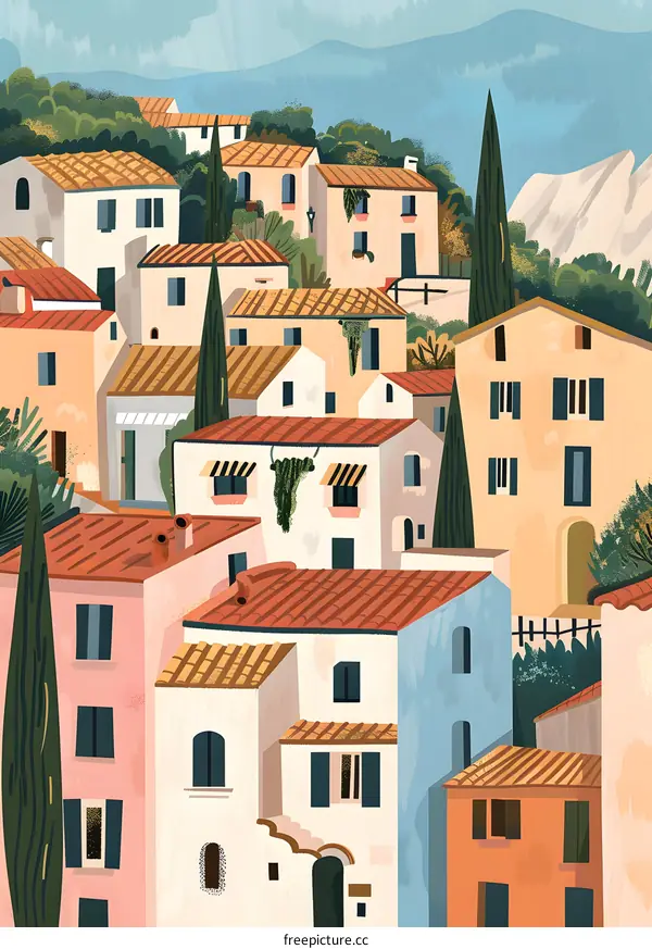 Colorful Italian Village Illustration