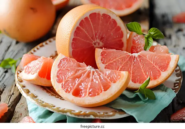 Fresh Sliced Grapefruit on Plate with Mint Leaves